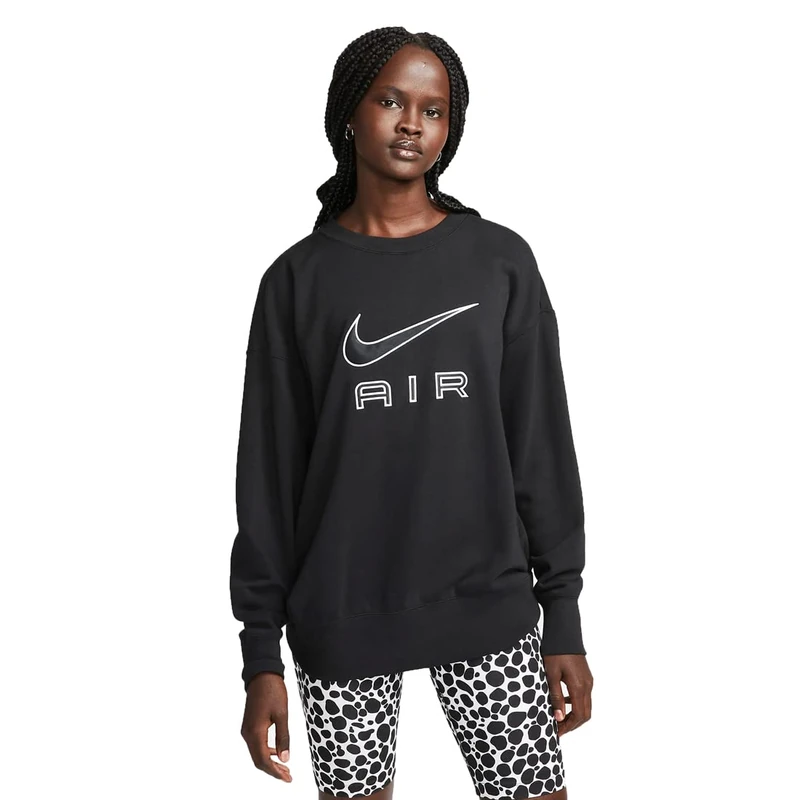 NIKE Women's Air FLC Crew Sweatshirt, Black/White, XS