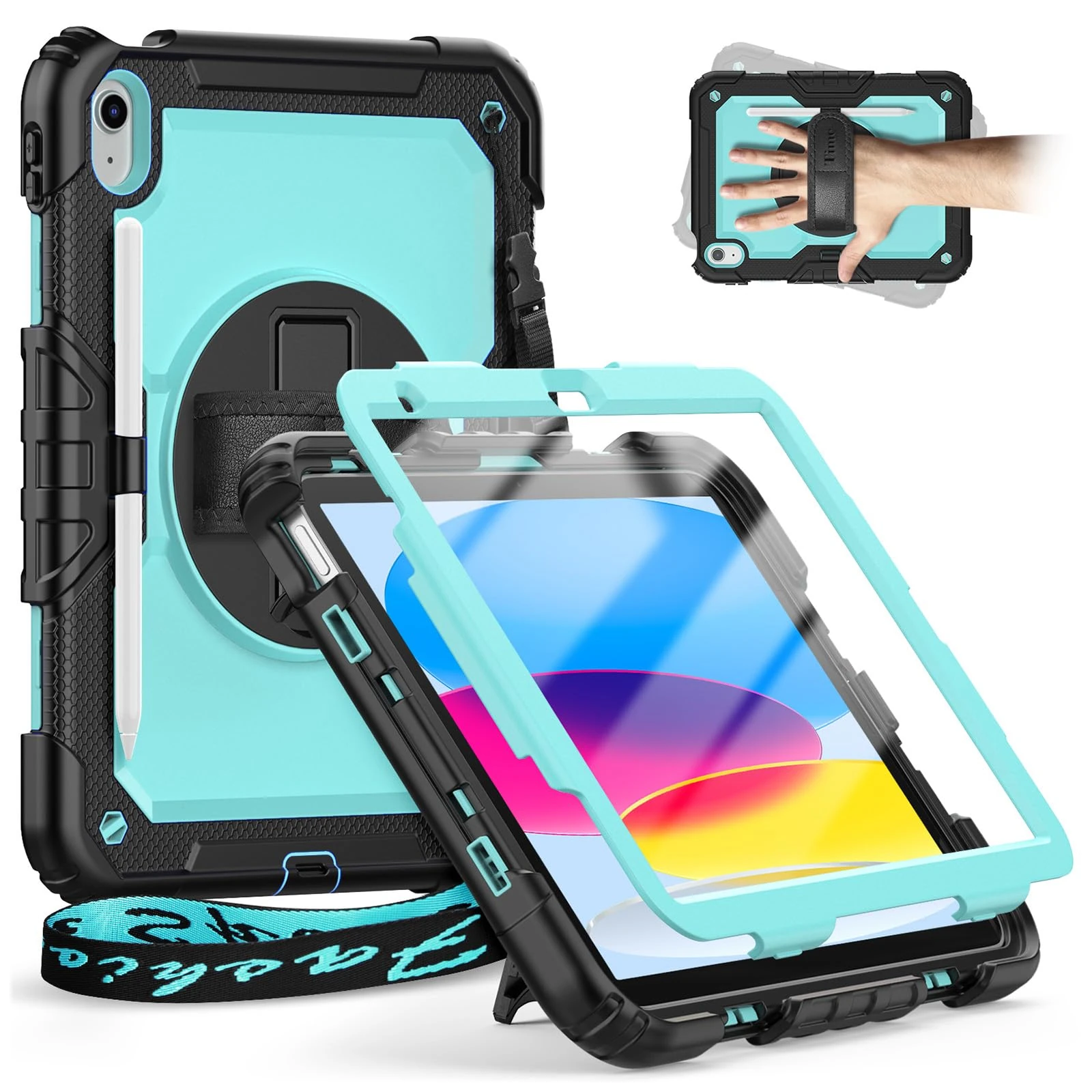 Timecity For iPad (A16)11th Generation Case 11 inch 2025/iPad 10th Generation Case 10.9 inch 2022, Heavy Duty Protective Cover with Screen Protector, Rotating Stand, Shoulder Strap. Light Blue