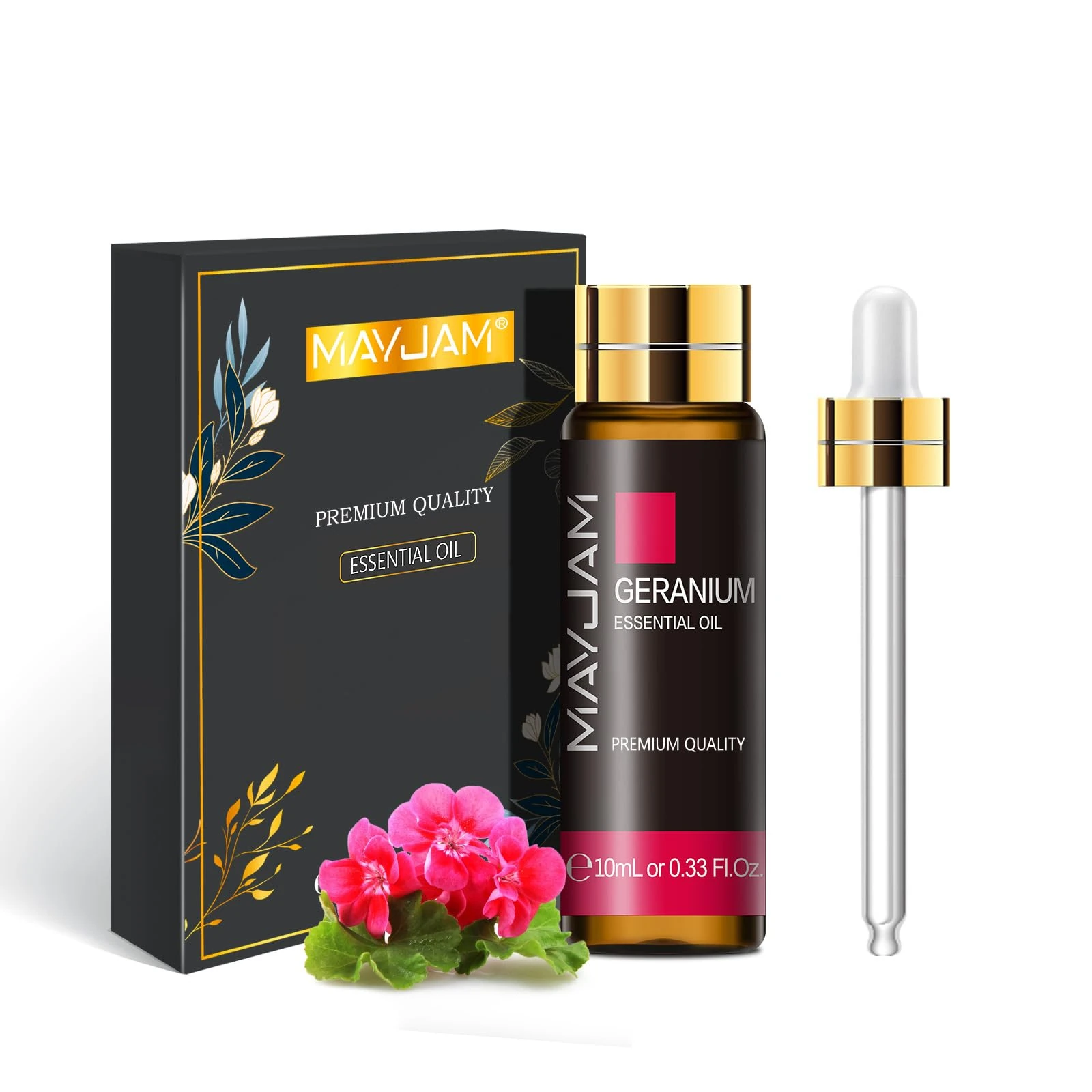 MAYJAM Geranium Essential Oil 10ML - Pure, Undiluted - Premium Quality Essential Oils with Glass Dropper - for Diffuser and DIY Candle Making