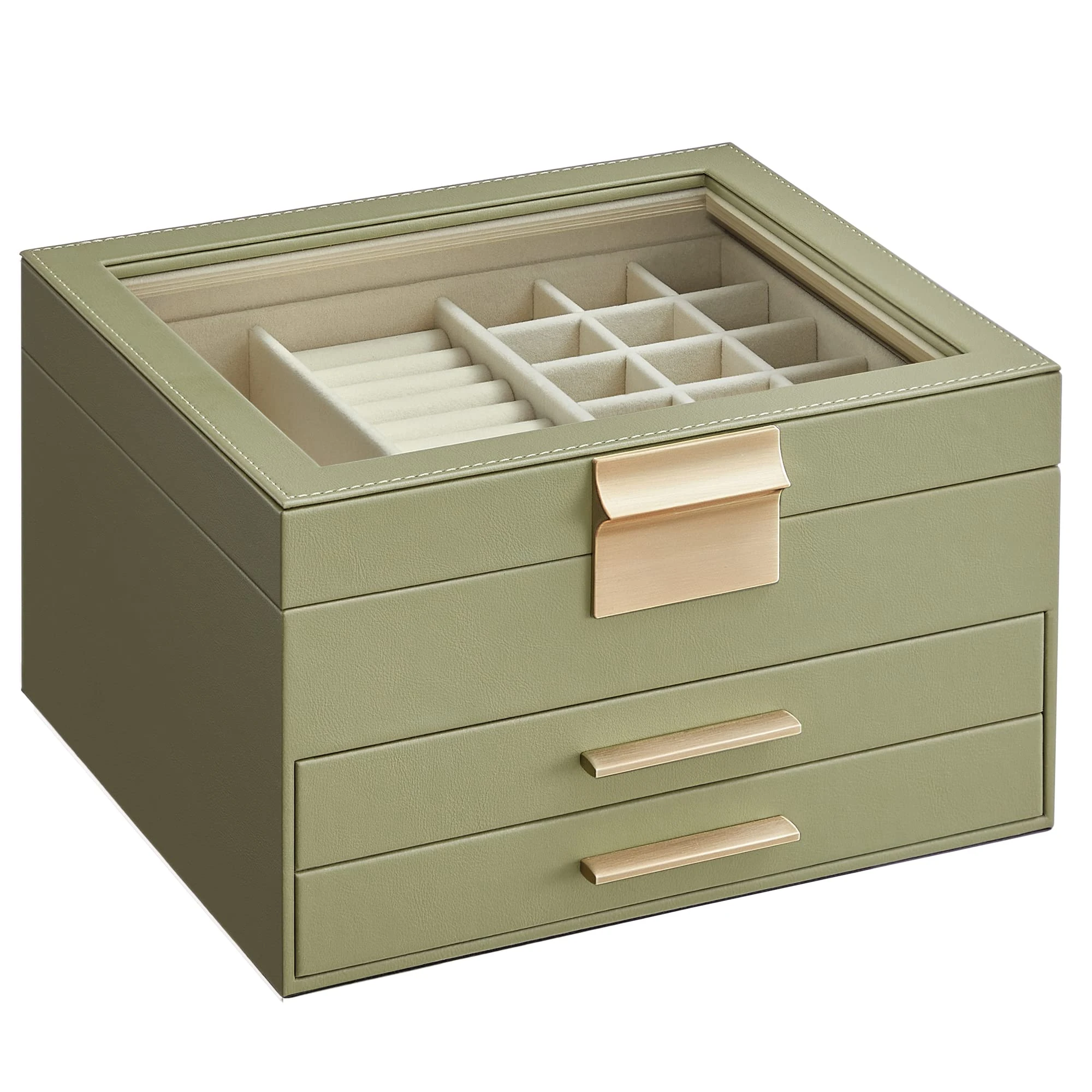 SONGMICS Jewellery Box with Glass Lid, 3-Layer Jewellery Storage Organiser with 2 Drawers, Plenty of Storage, Modern, Gift Idea, 20.3 x 23.1 x 13.5 cm, Avocado Green and Gold JBC239C02
