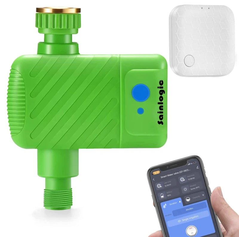 sainlogic Irrigation Computer WLAN, Irrigation System with Additional 2.4 GHz WiFi Smart Hub, App Remote Access, Automatic Watering, IP66 Waterproof, Water Quantity Meter, for Garden (Light Green)