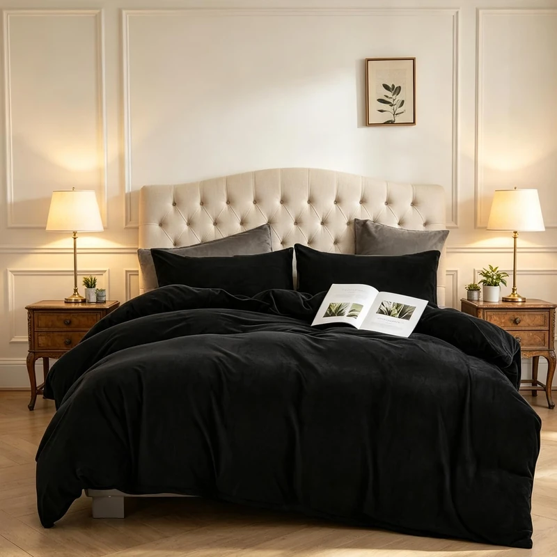CLOTHKNOW Black Velvet California King Comforter Set Fluffy Bedding Sets