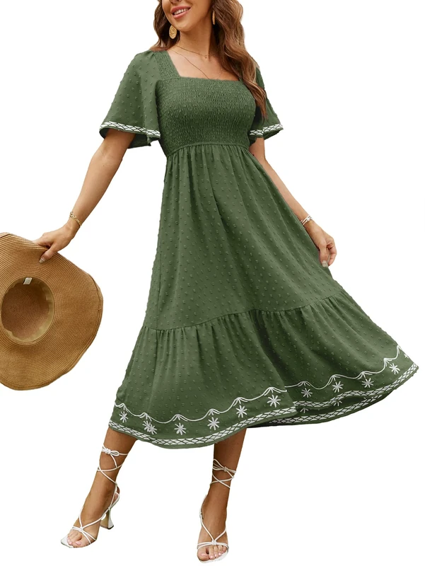 Glamaker Women's Short Sleeve Smocked Square Neck A Line Summer Flowy Maxi Long Dress, 01-Grass Green, S - Image 1