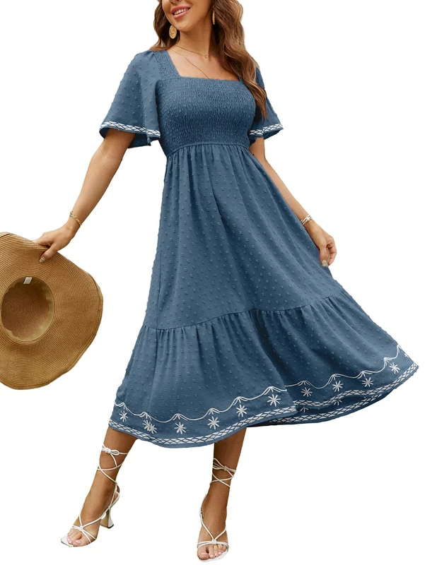 Glamaker Women's Short Sleeve Smocked Square Neck A Line Summer Flowy Maxi Long Dress, 01-Dark Blue, L