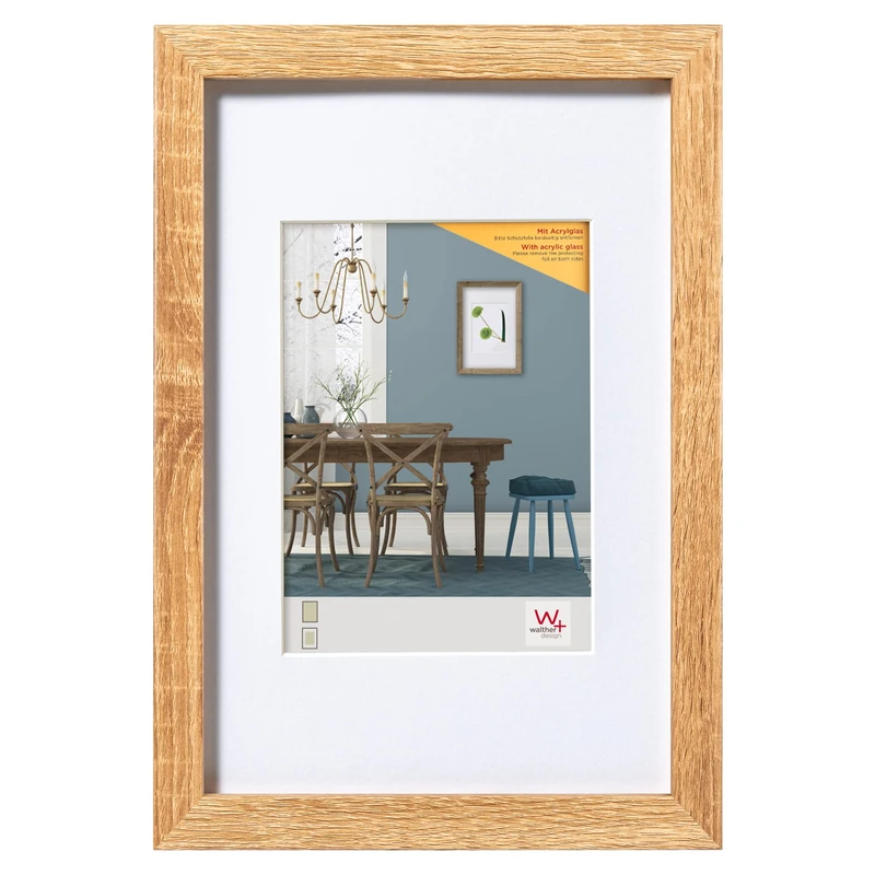 walther design Fiorito EFX070E Picture Frame, Wooden Frame with Art Glass and Passe-Partout, 50 x 70 cm, Light Oak