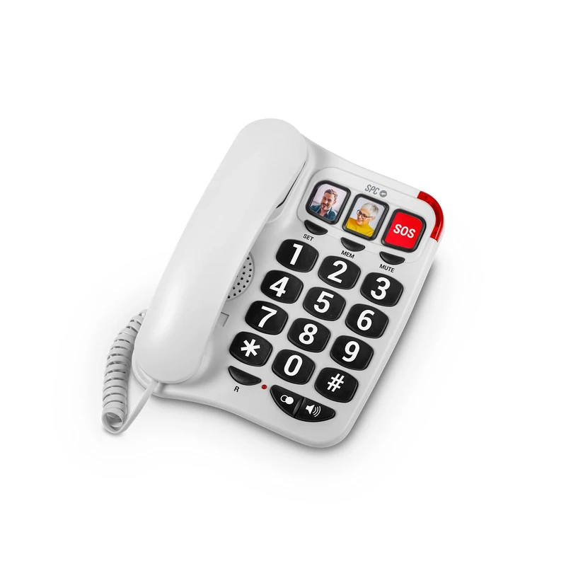 SPC Comfort Numbers 2 - Landline Telephone for Seniors with Large Buttons, 3 Direct Stores with Photo, Very High Volume, Hearing Aid Compatible, Luminous Signal, Table or Wall Mounting, White