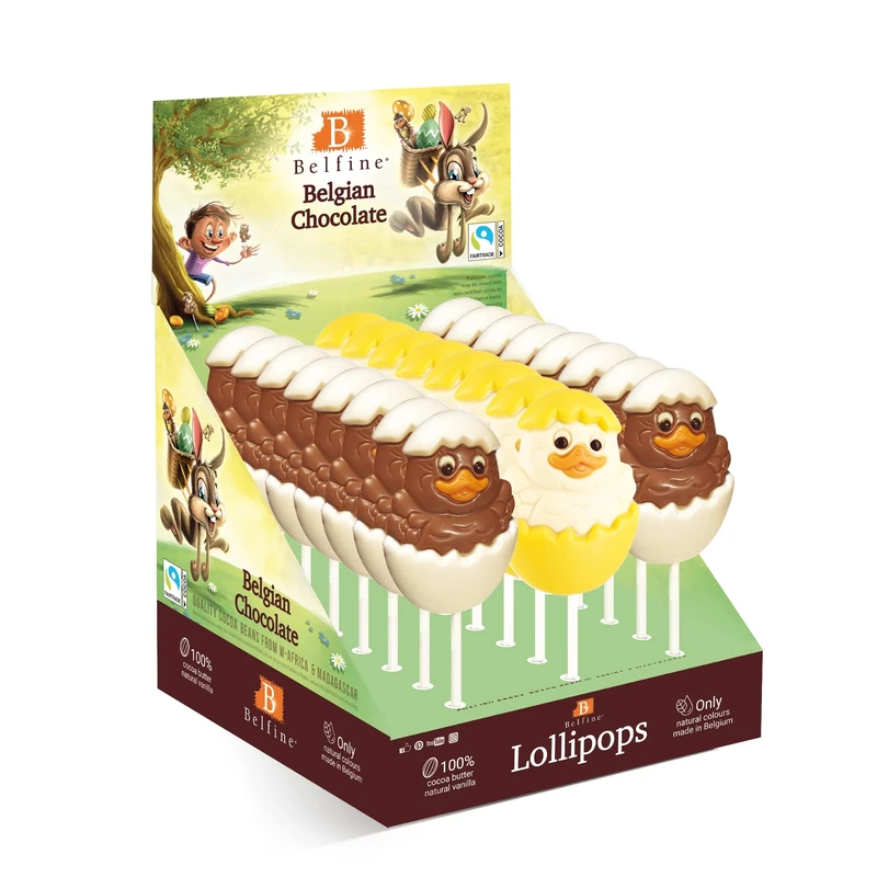 Belfine - Belgian Chocolate Samantha Chick Shaped Lollipop, 24 x 35g