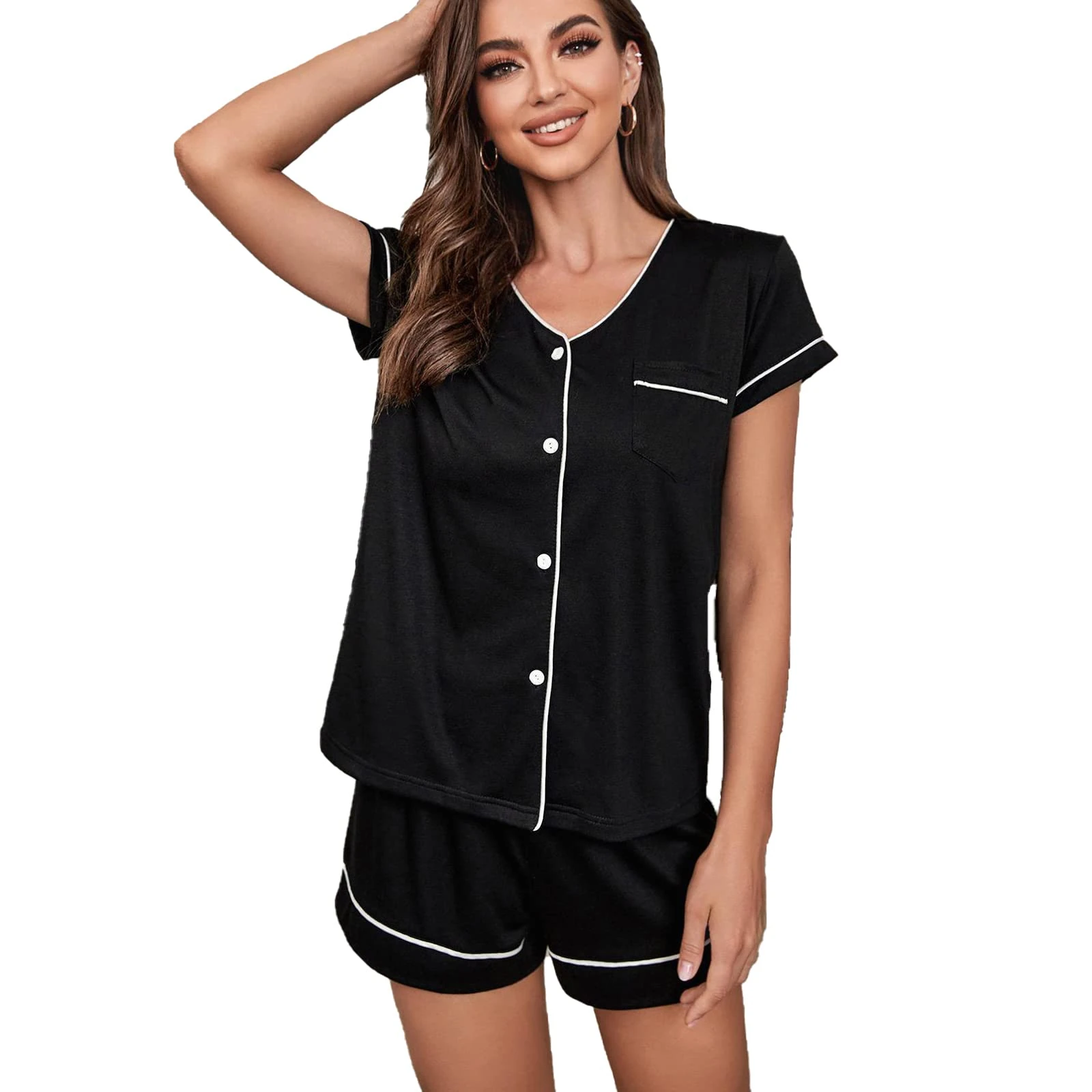 Pajamas Womens Pajama Sets Sleepwear Lounge Set Loungewear Sweatsuit Nightwear Button Down Top Soft T-shirt and shorts,Black,M(65kg/170cm)