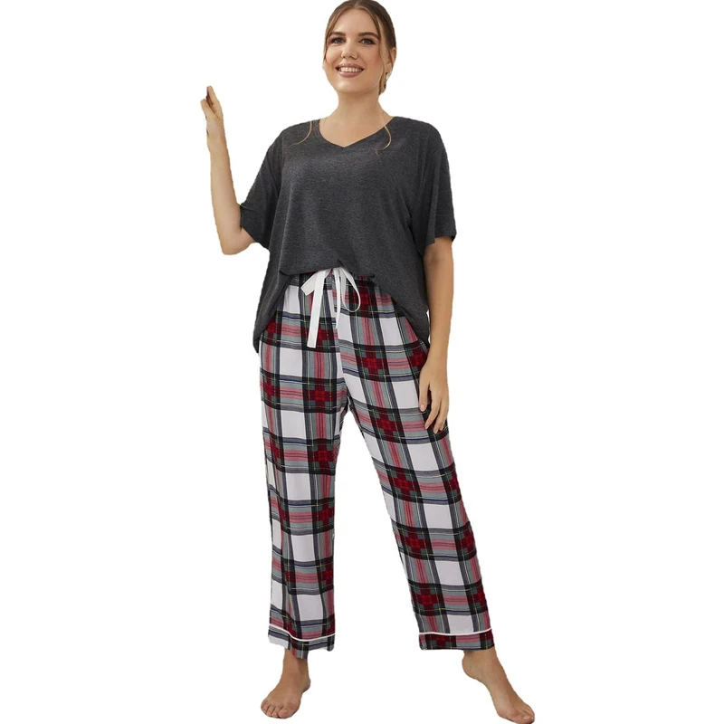 Pajamas Womens Pajama Sets Sleepwear Lounge Set Loungewear Sweatsuit Pjs Plaid Nightwear (T-shirt and Pants) Soft,Gray,XL(65kg)