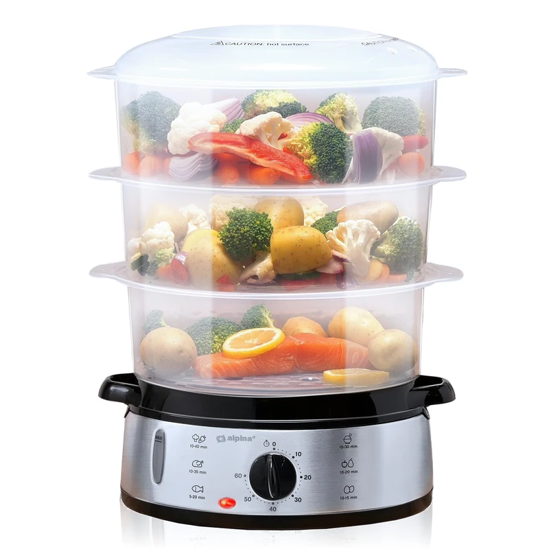 alpina Food Steamer - 230V/800W - 3-Layer Steamer - BPA-Free - Dishwasher-Proof - 0 to 60 Minutes - 9 Liter Capacity - Grey