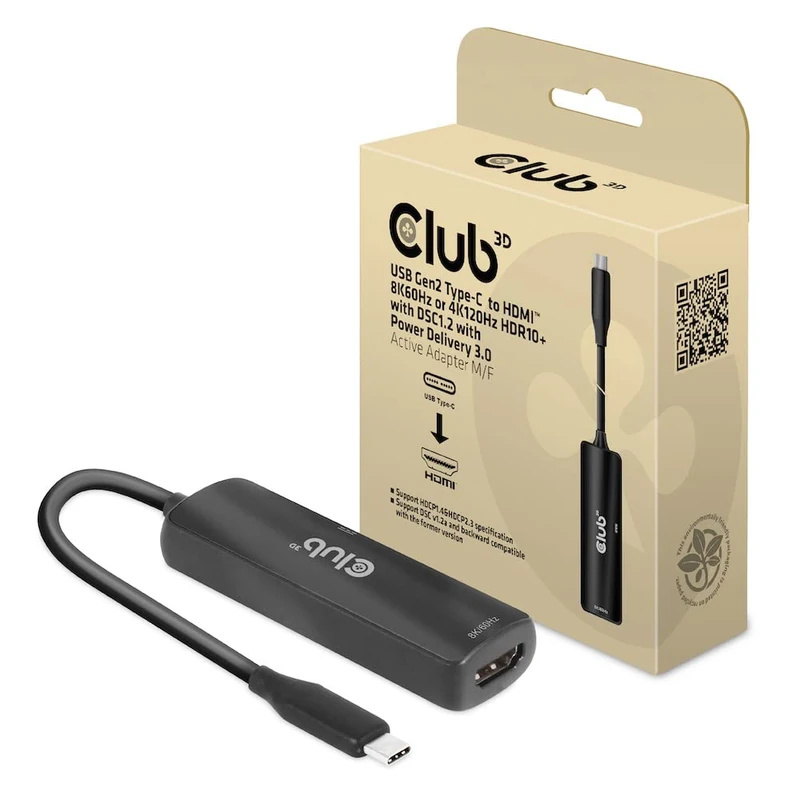 Club 3D CAC-1588 USB Gen2 Type-C to HDMI™ 8K60Hz or 4K120Hz HDR10, DSC1.2, Power Delivery 3.0 Active Adapter M/B.