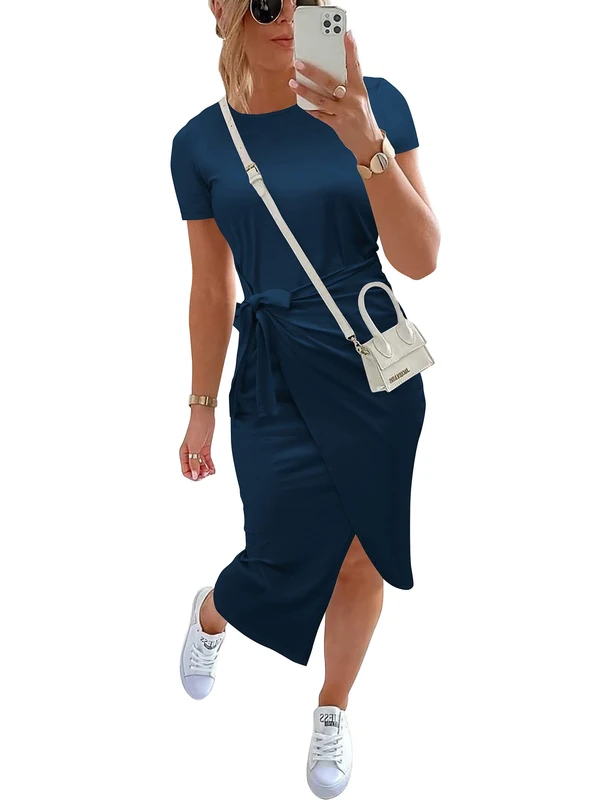 NOLLSOM Women Casual Sleeveless Striped Tank Midi Dresses Halter Neck Ruched Bodycon Dresses Tie Waist T Shirt Summer Dress, Tie Dark Blue, L