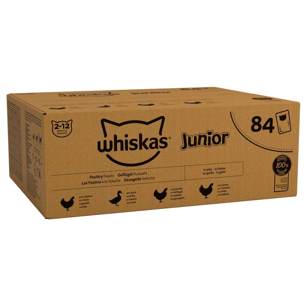 whiskas Junior Poultry Selection in Jelly 84 Pouches, Wet Kitten and Cat Food, Selection of Chicken, Duck, Poultry and Turkey, Megapack (84 x 85 g)