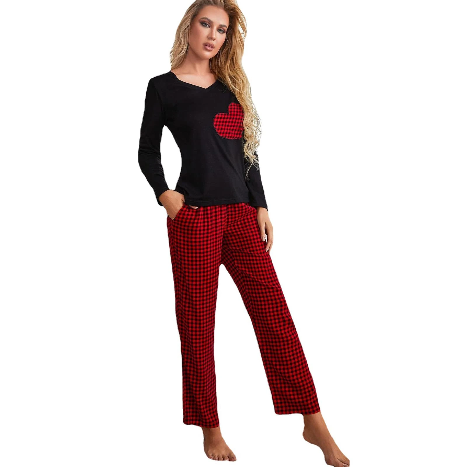 Loungewear Women's Pajama Sets Star Print Long Sleeve Sleepwear Nightwear Soft Pjs Lounge Sets Comfy T-shirt and Pants,Red/Black,S(60kg/165cm)