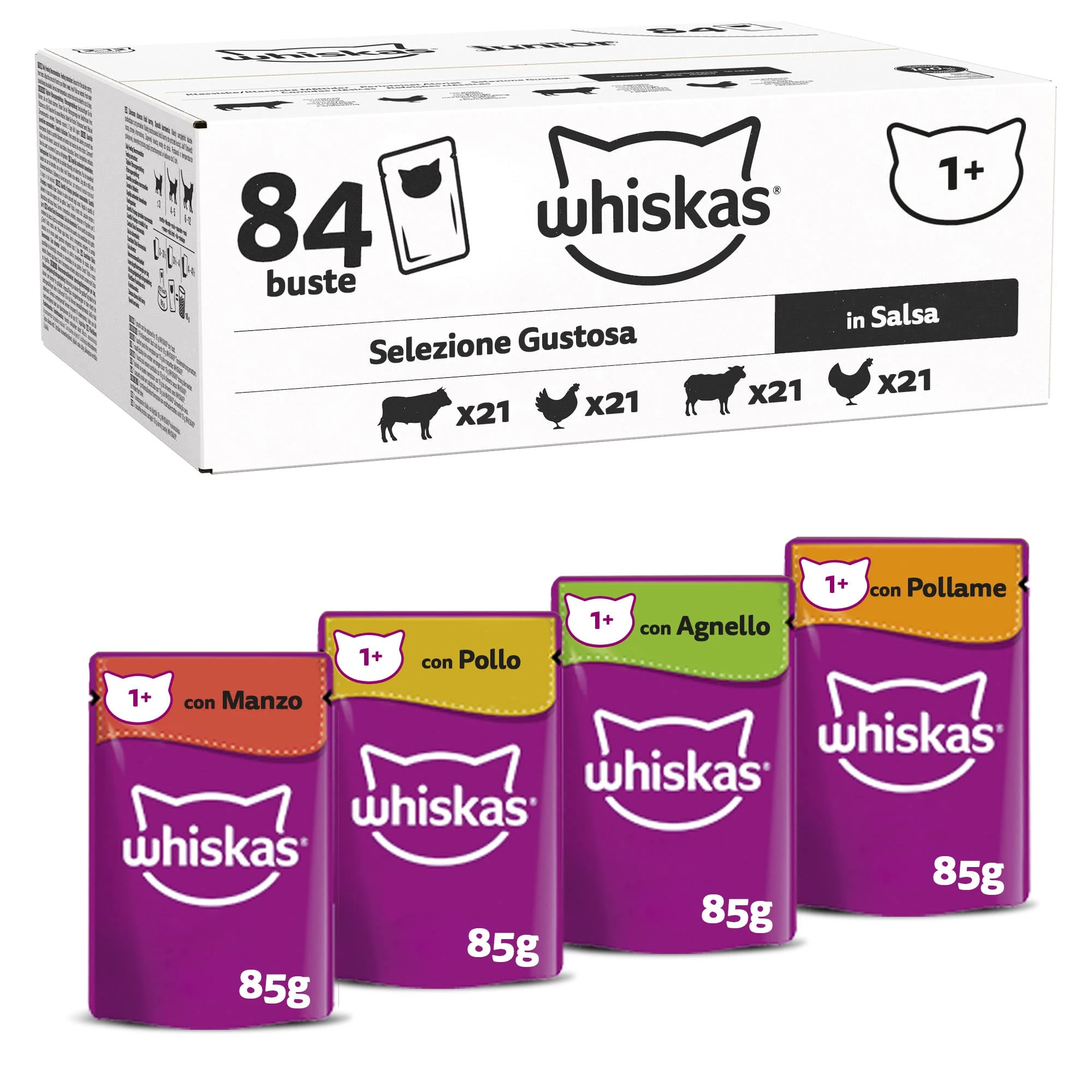 whiskas 1+ Adult Classic Selection in Gravy 84 Pouches, Adult Wet Cat Food, Megapack (84 x 85 g)