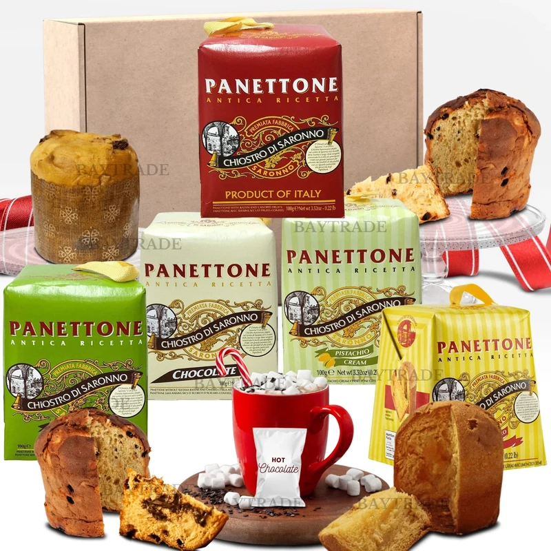 5x Panettone Italian Flavours 1x Hot Chocolate Powder | Christmas Food Hampers for Family Fun Treats Adults Kids Chocolate Panettone Cake Box Pandoro Christmas Food Gifts for Couples Stocking Fillers