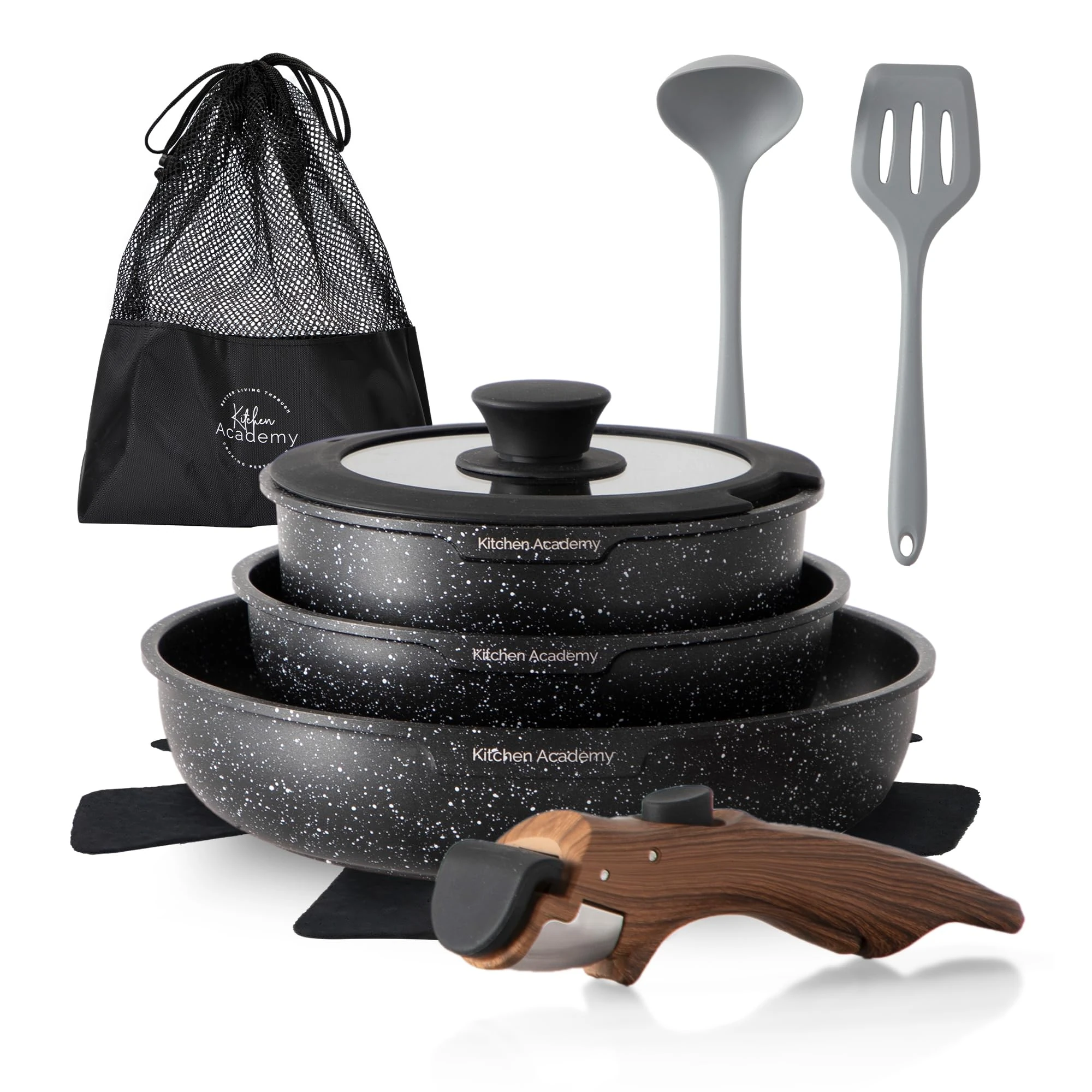 Kitchen Academy Non Stick Cookware Set, 10 Piece Granite-Coated Induction Pots and Pans Set with Detachable Handle, Stackable RV Cooking Set for Camping, Camp, Black