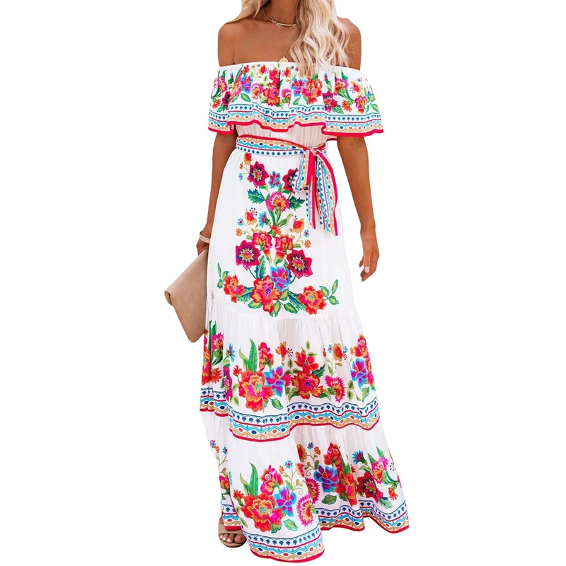 Xplanet Mexican Dress for Women Off Shoulder Floral Print Maxi Dress Summer Party Casual Sundress Dresses, White Chiffon(with Lining), Medium