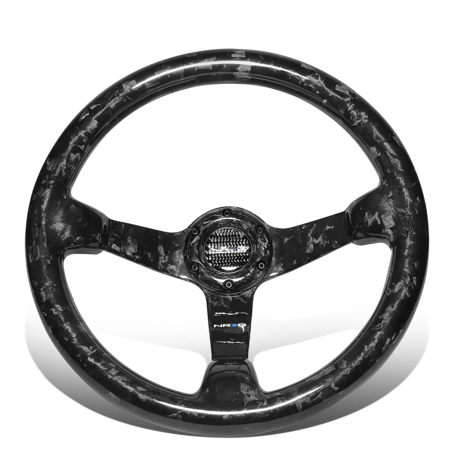 NRG Innovations ST-036FC 350mm OD Forged Carbon Fiber 3 Spoke Steering Wheel, 6 X 70 PCD, 3" Deep Dish, Gloss Black