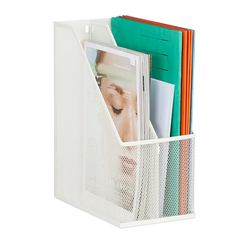 Relaxdays File Organiser, Standing, Mesh Design, Office & Home, H x W x D: 31.5 x 14.5 x 25 cm, Metal, White