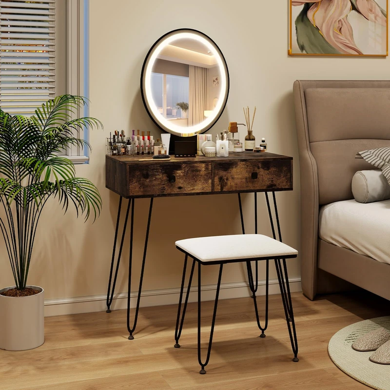 RELAX4LIFE Dressing Table Set, Adjustable LED Lighted Makeup Vanity Desk with Stool, Mirror and Drawers, Cosmetic Bedroom Dresser Makeup Table for Girls Women (Rustic Brown Look + Makeup Box)