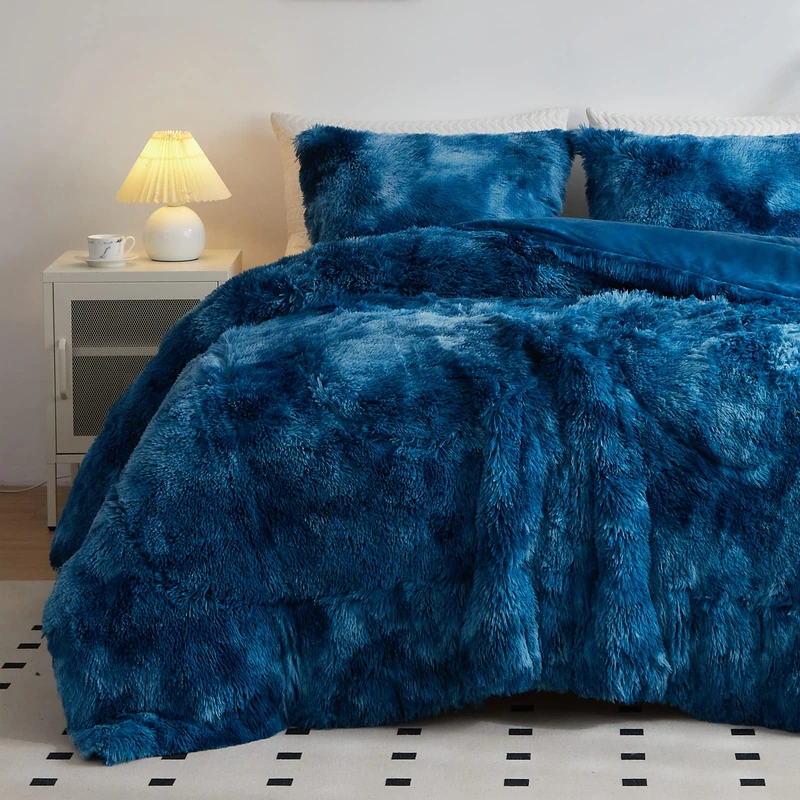 Wajade Faux Fur Plush Tie Dye Blue White Comforter Set Fluffy Fuzzy Shaggy Bedding Set - 3PC Full/Queen Microfiber Soft Warm Quilt Set