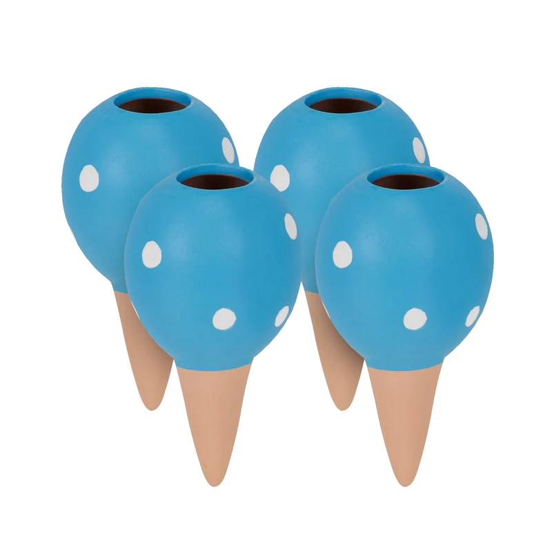 Relaxdays Clay Watering Spikes, Set of 4, Each 100 ml, Spotted Design, for House Plants & Outdoor Pots, Terracotta/Blue
