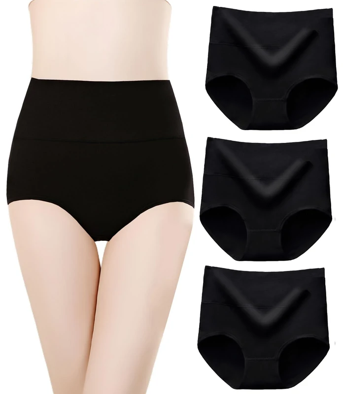 marysgift Ladies Underwear Knickers Packs High Waisted Cotton Tummy Control Briefs Soft Panties French Knickers Women- Black L UK 8 10