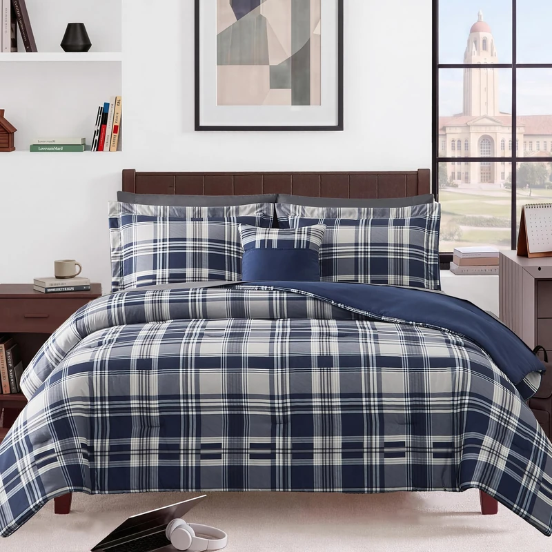 MaiRêve Plaid Full Size Comforter Set Navy Blue 7 Pieces Bed in a Bag