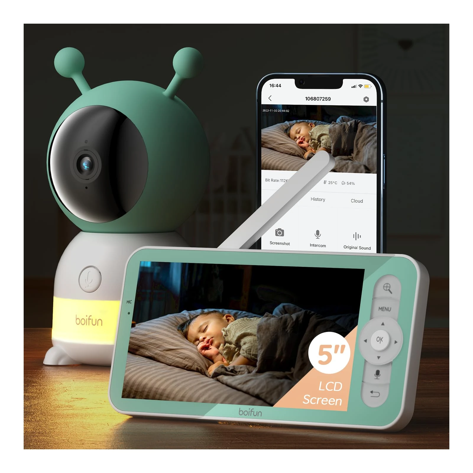 Boifun 2K Wifi Video Baby Monitor, App & 5'' Screen Control, Night Light, Motion&Cry Detection, PTZ, Auto Tracking, 3000mAh Battery,Humidity & Temperature Sensor, Baby Monitor with Camera Night Vision
