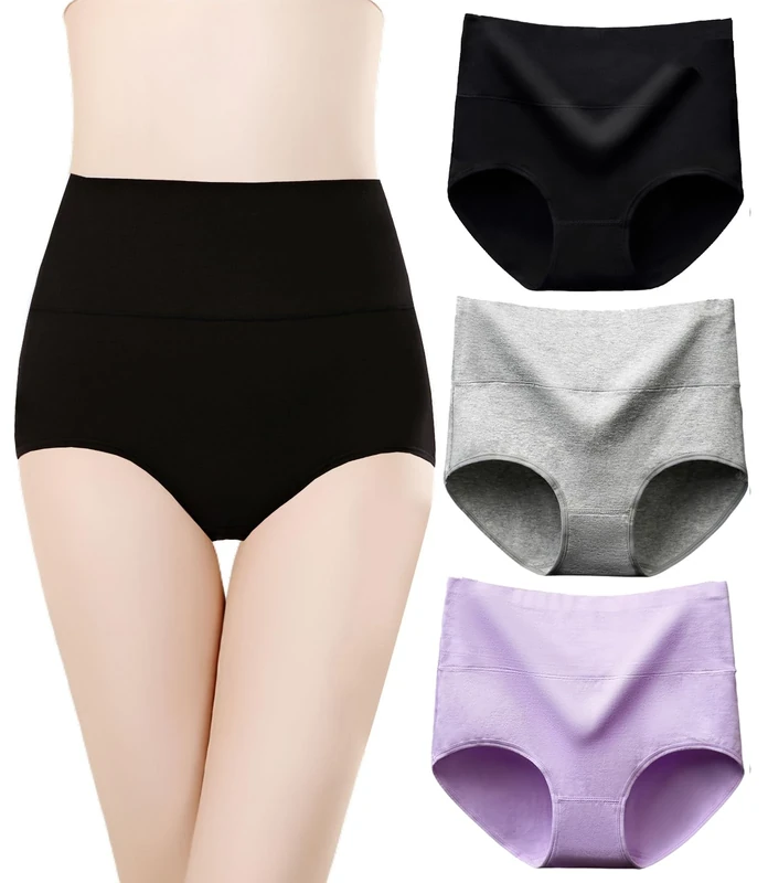 marysgift High Waisted Knickers for Women Ladies Briefs 3Pcs Cotton Underwear Women Full Coverage Panties Purple Grey Black UK 8 10 L B02