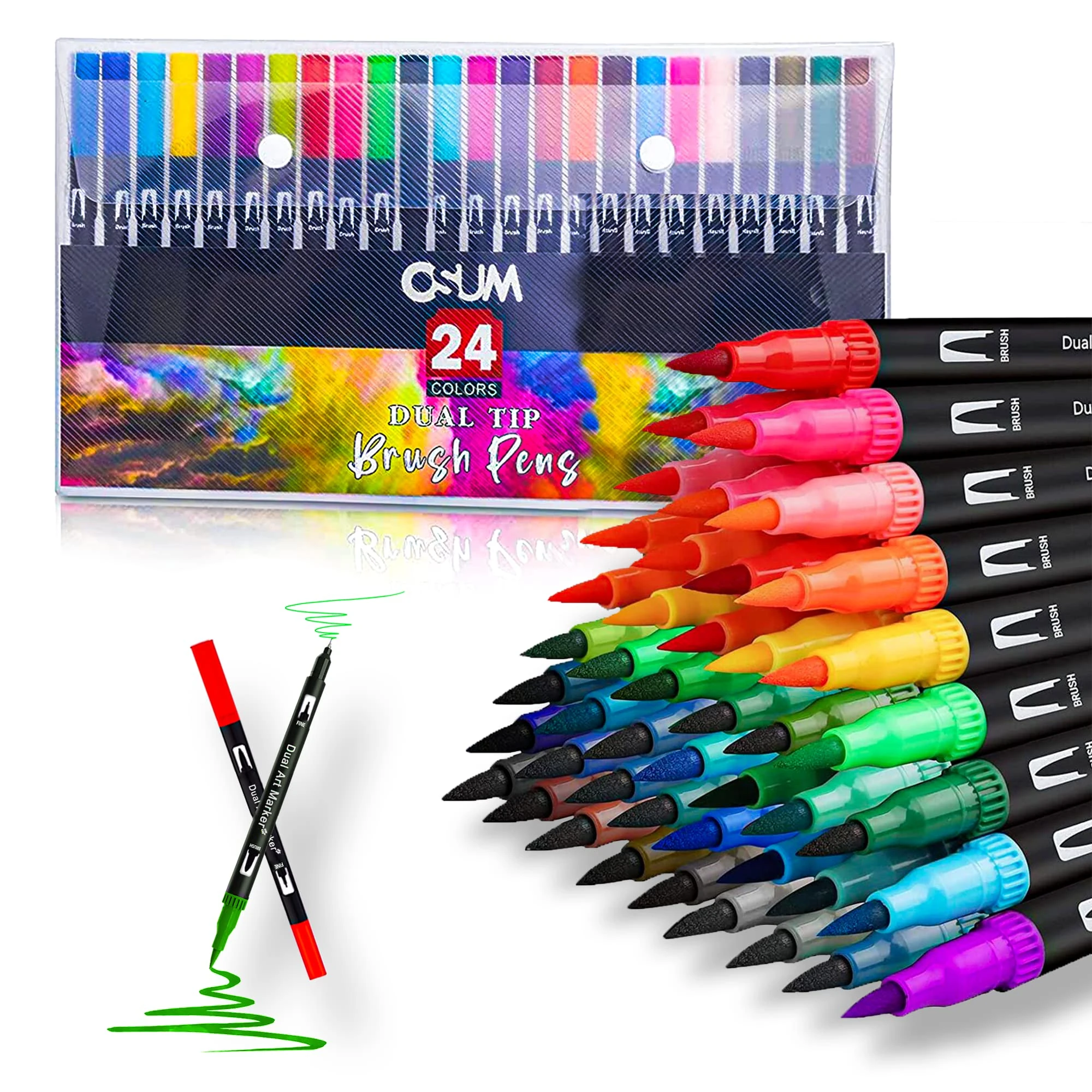 OSUM Colouring Pens wallet of 24 | Felt Fine Tip Pens - Coloured Dual Tip Brush Markers and Fineliners Art Supplies for Adult Colouring Books Painting Sketching Highlighting (Modern)