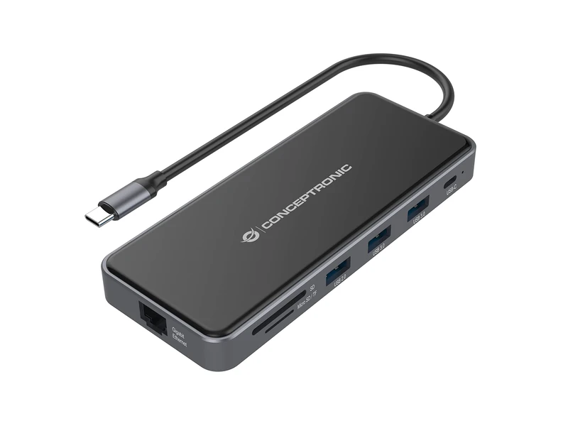 Conceptronic DONN15G 12-in-1 USB 3.2 Gen 1 Docking Station, MST for Windows, HDMI x 2, VGA, USB-C Data, USB-A 3.0 x 2, USB-A 2.0, SD, TF/MicroSD, Audio, Gigabit Ethernet LAN, 100W USB PD