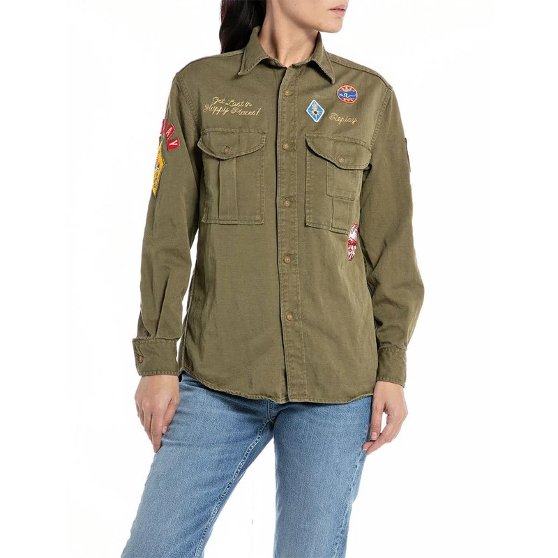 REPLAY Adult W2116 Cotton/Linen Calvalry Shirt, Light Military 739, L