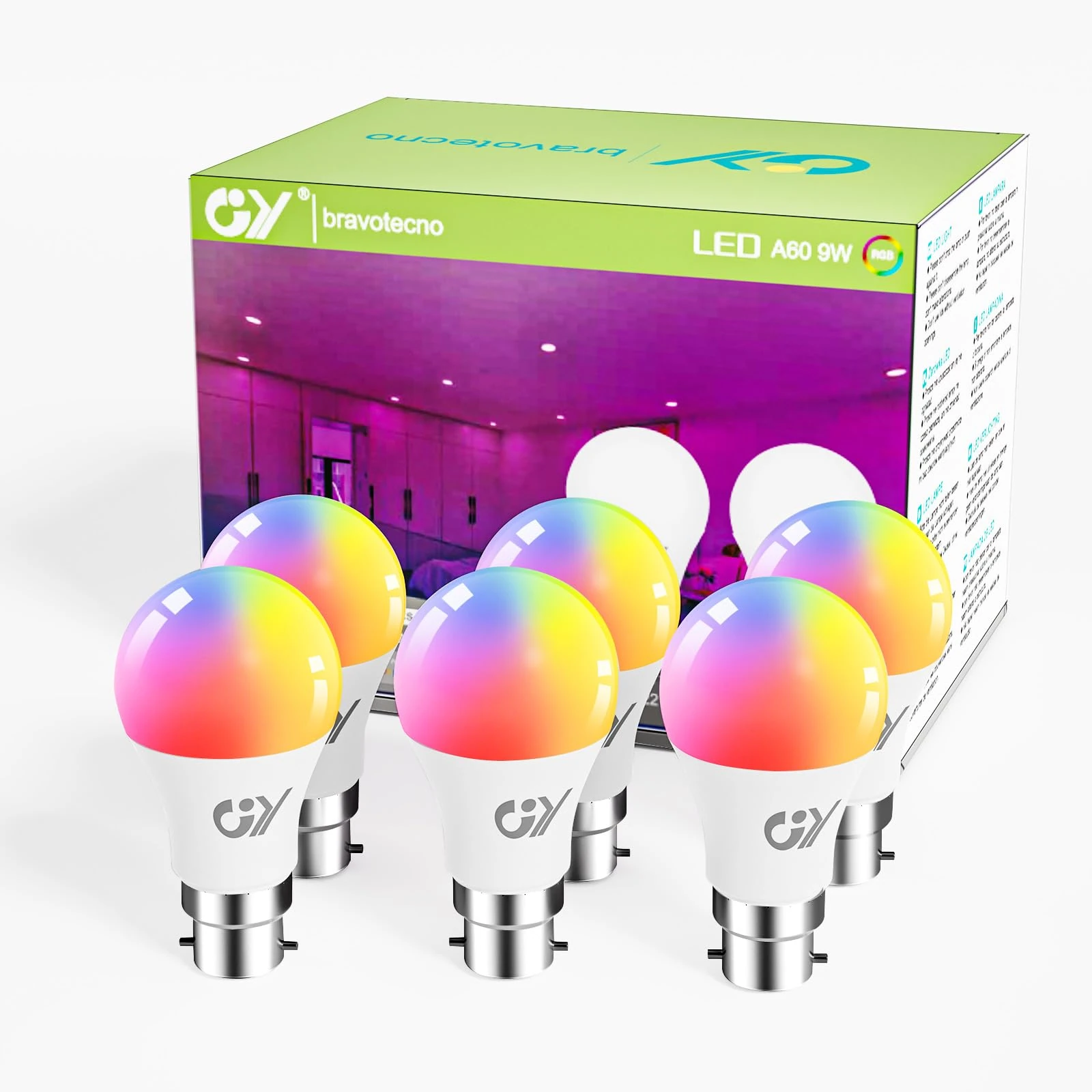 GY A60 B22 Smart Bulb Bayonet Alexa Light Bulbs, 9W 850lm 2700K-6500K RGB Dimmable Colour Changing Compatible with Alexa/Google Home 2.4GHz WLAN,6 Packs