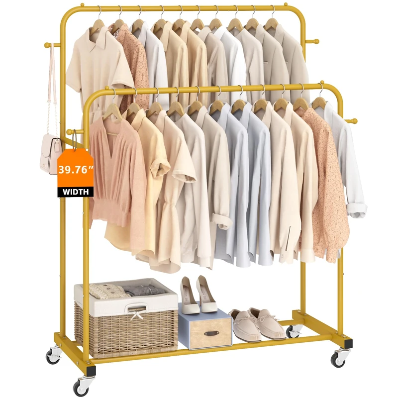 Laiensia Double Rods Garment Rack with Wheels, Clothing Rack for Hanging Clothes,4 Hooks, Multi-Functional Bedroom Clothes Rack, Gold