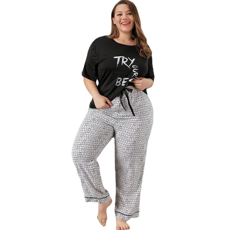 Pajamas Set Loungewear Printing Pjs Cotton Ultra-Soft Women’s Pajama Set Nightgown Comfy Two-piece Plus Size,Black/White,XXL(75kg)