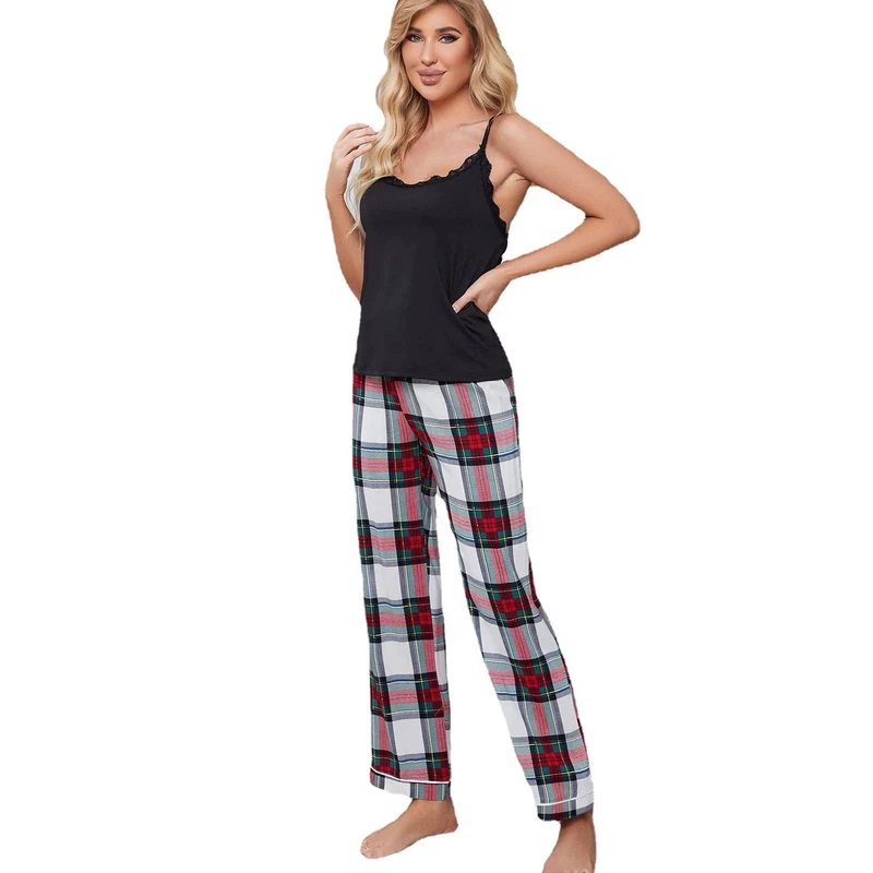 Pajamas Set Loungewear Printing Pjs Cotton Ultra-Soft Women’s Pajama Set Nightgown Comfy Two-piece Camisole and Pants,Black,S(60kg/165cm)