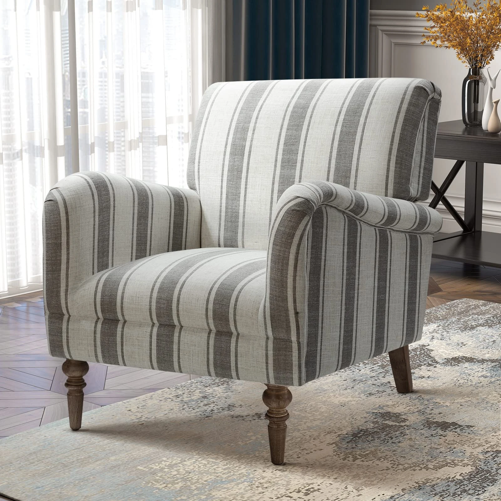 FABRICATION HAUS Living Room Upholstered Modern Armchair Accent Occasional Vanity Chair with Wooden Legs & Stripe Pattern for Lounge, Bedroom, Reading (1, GREY)