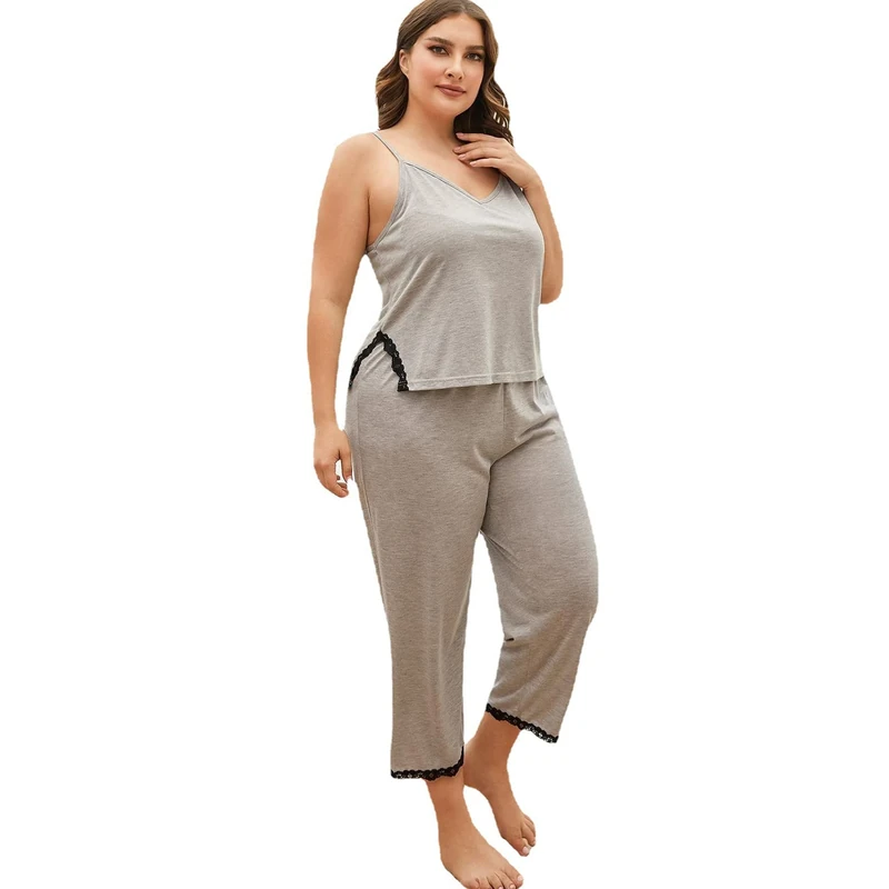 Pajamas Set Loungewear Pjs Cotton Ultra-Soft Women’s Pajama Set Nightgown Comfy 2-piece Camisole and Pants Plus Size,Gray,XL70kg