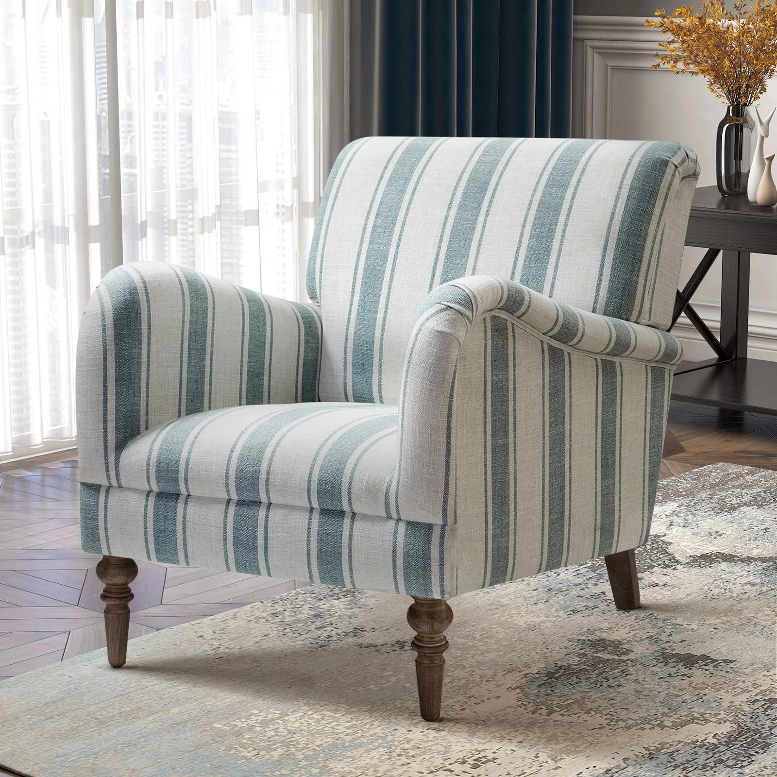 FABRICATION HAUS Living Room Upholstered Modern Armchair Accent Occasional Vanity Chair with Wooden Legs & Stripe Pattern for Lounge, Bedroom, Reading (1, BLUE)