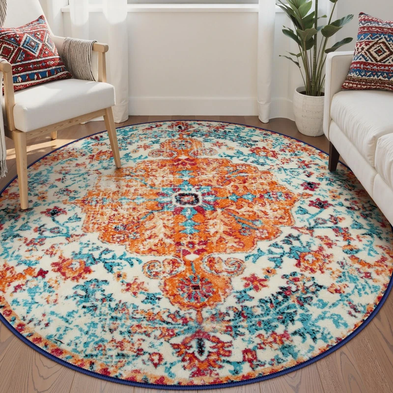 Lahome Bohemian Floral Medallion Round Rug - 6Ft Soft Washable Non-Slip Vintage Cute Table Throw Carpet for Living Room, Dining Room, Bedroom, Office, Nursery, Guest Room