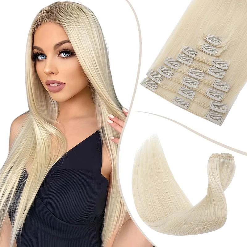 TESS Clip in Hair Extensions Real Human Hair Blonde Remy Seamless 8 Pieces Straight for Women/Girls (#60 Platinum Blonde, 18 Inch 70g)