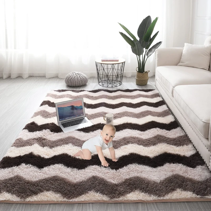Gsogcax Rugs Living Room 6.56'x9.84' Super Soft Fluffy Area Rugs for Bedroom Shaggy Anti-Skid Comfortable Large Rugs Indoor Modern Home Decor Floor Carpet - Brown Wave 200x300