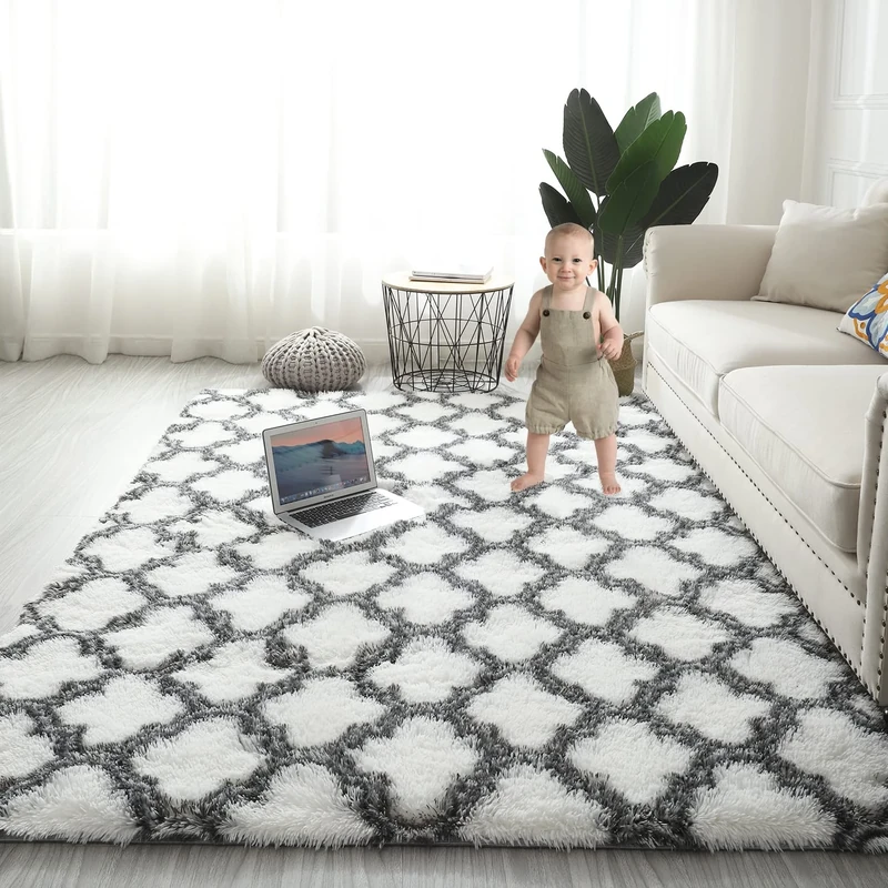 Gsogcax Rugs Living Room 6.56'x9.84' Super Soft Fluffy Area Rugs for Bedroom Shaggy Anti-Skid Comfortable Large Rugs Indoor Modern Home Decor Floor Carpet - White&grey 200x300