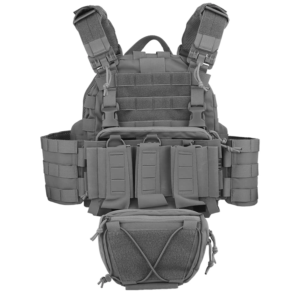 CZMYCBG Mens Airsoft Tactical Vest Adjustable 1000D Nylon Military Assault Vest with Magazine Pouch and Lower Hanging Bag for Outdoor Paintball Hunting Game,Grey