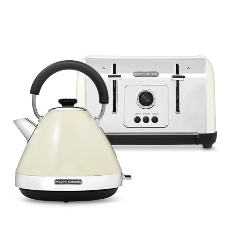 Morphy Richards Venture Kettle and 4-Slice Toaster Set – 1.7L Pyramid Kettle with Fast Boil Function & 4-Slice Toaster, Variable Browning & Auto Pop-Up, Cream 100132 | 240132