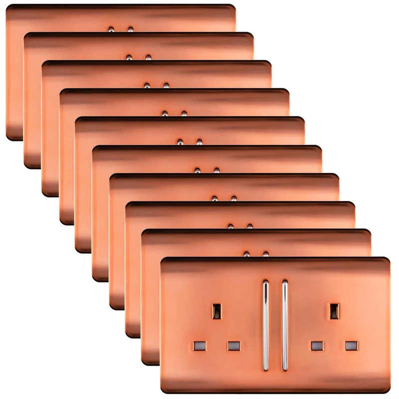 Trendi 2 Gang Artistic Modern Glossy 13 Amp Switched Tactile Plug Socket Copper (10 Pack)