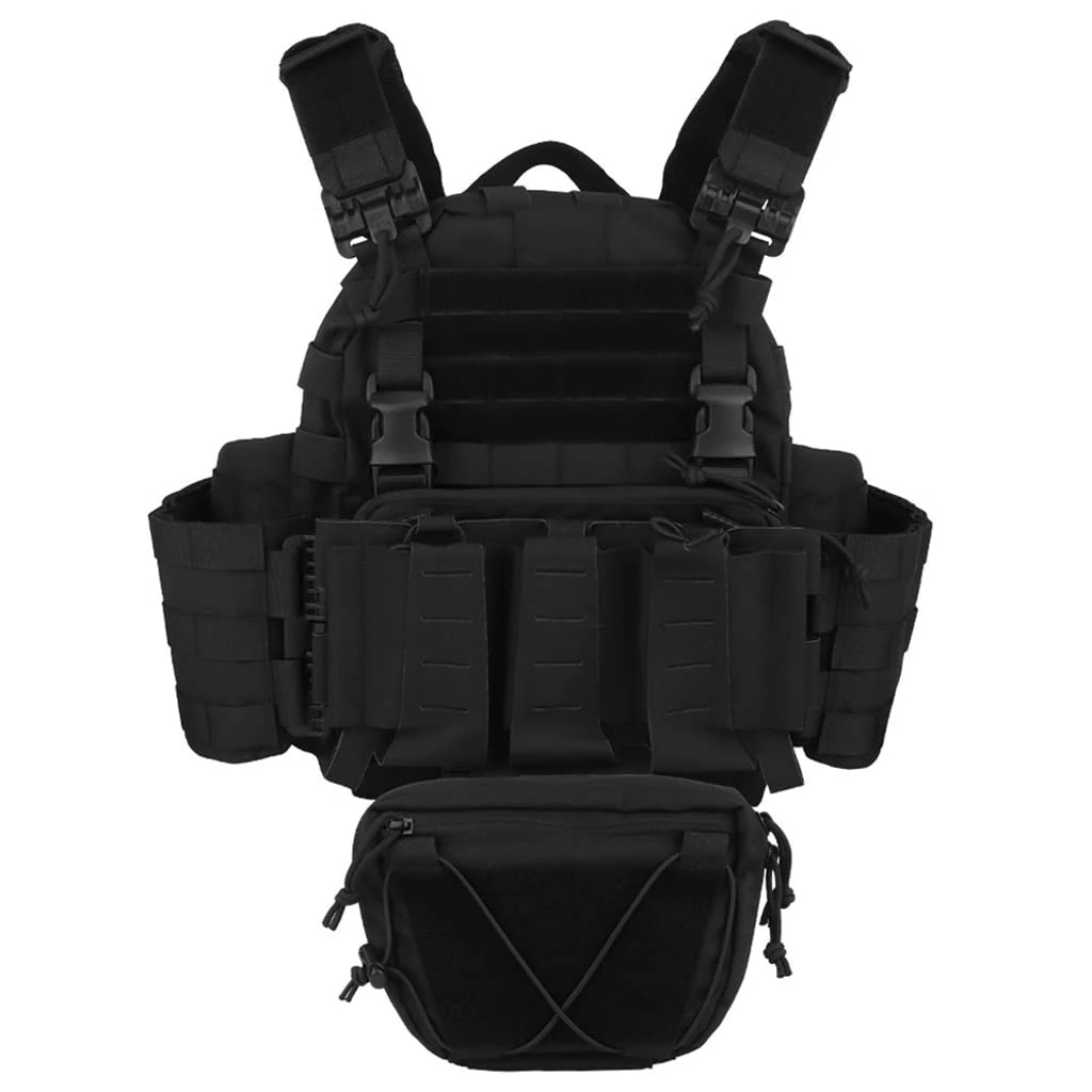 CZMYCBG Mens Airsoft Tactical Vest Adjustable 1000D Nylon Military Assault Vest with Magazine Pouch and Lower Hanging Bag for Outdoor Paintball Hunting Game,Black