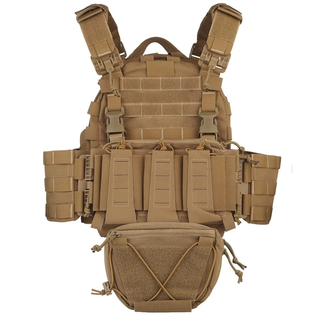 CZMYCBG Mens Airsoft Tactical Vest Adjustable 1000D Nylon Military Assault Vest with Magazine Pouch and Lower Hanging Bag for Outdoor Paintball Hunting Game,Brown